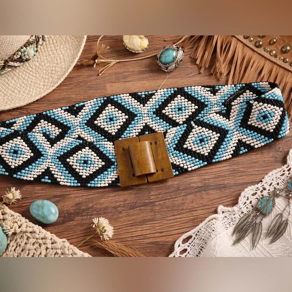 Vintage Boho Beaded Belt Wooden Buckle Wide Tribal Southwestern Stretch One Size